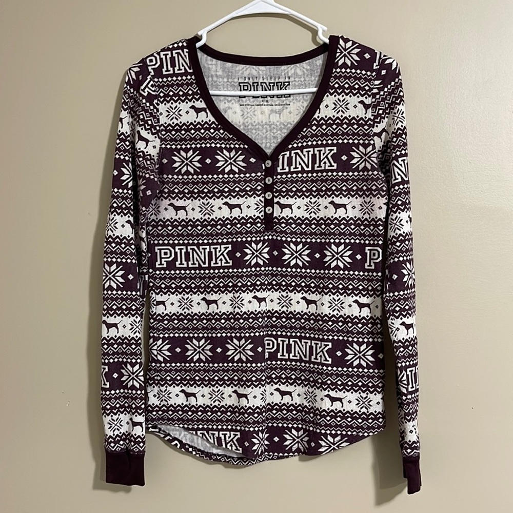 Pink Victoria’s Secret Sleep Christmas Thermal Top Sz Med Burgundy